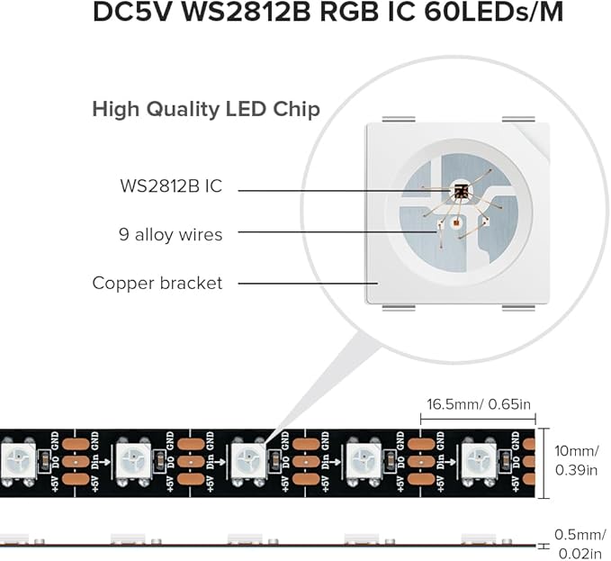 SEZO WS2812B ECO LED Strip Light 16.4FT/5M 60LEDs/m 300Pixels Individually Addressable Programmable 5050SMD Digital RGB Alloy Wires Flexible Dream Color IP30 Non-Waterproof PCB Black DC5V