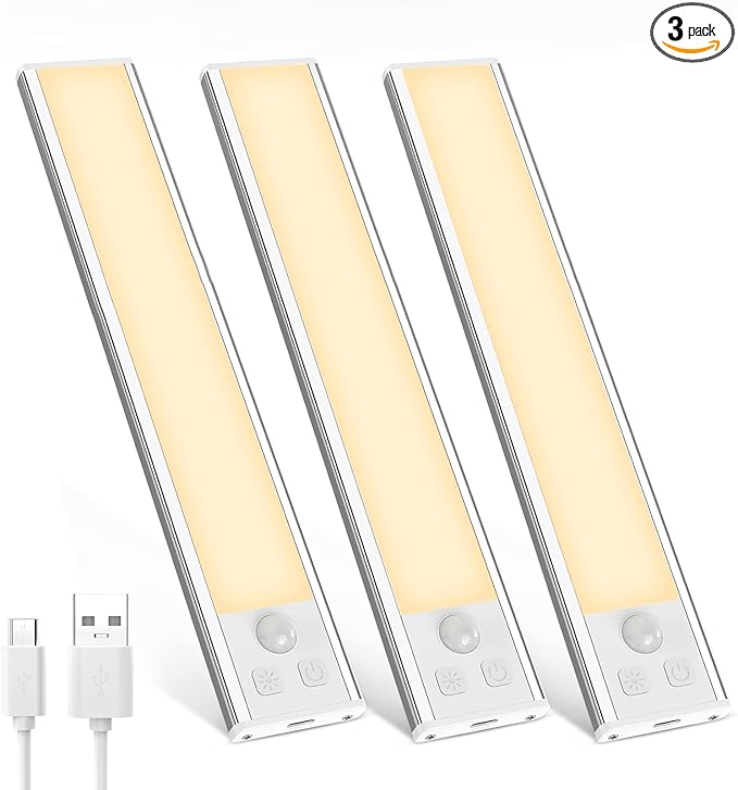 3 Pack Under Cabinet Lights, 32 LED Warm White Rechargeable Under Cabinet Lighting Motion Sensor LED Lights for Kitchen, Counter, Closet, Stairs (Silver - Warm White Light, 8.07 Inch - 3 Pack)
