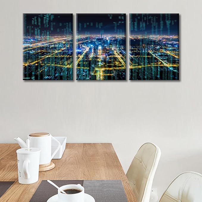 TUMOVO 3 Panel Modern City with Wireless Network Connection Canvas Wall Art Technology Science Poster Artwork Pictures Black and White Wall Art Stretched and Framed Ready to Hang (36" Wx16 H)