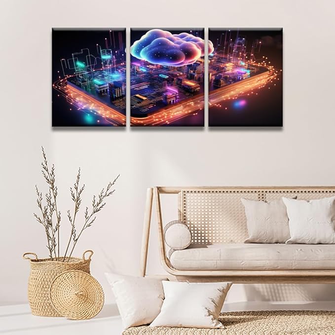 Framed Wall Art 3 Panels Wall Decor Cloud Computing Concept Pictures Print On Canvas for Living Room Bedroom Wall Decoration, Giclee Artwork Ready to Hang, 12x16inchx3
