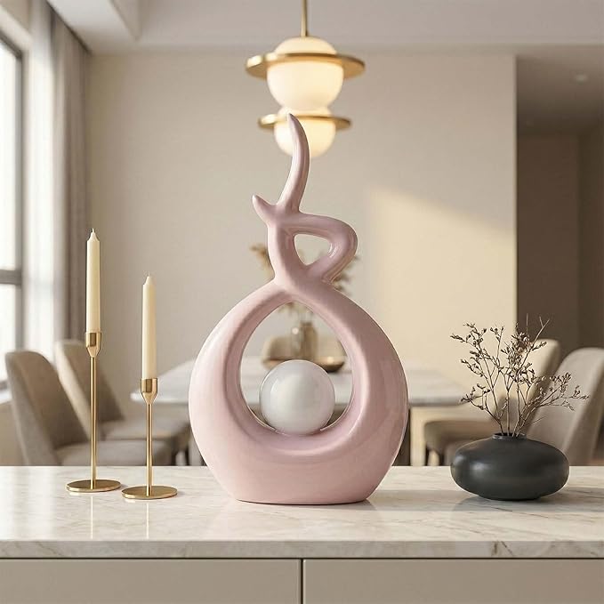 Pink White Modern Sculpture Table Decorations, Ceramic Knick Knacks Statues for Living Room Decor, Tv Stand and Desk Decor, Suitable for Coffee Tables and Shelf Decorations, Great Gift Idea