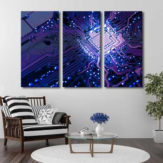 Black and White Wall Art Motherboard Digital Chip Artwork Wall Decor 3 Piece Circuit Board Pictures Canvas Wall Art Contemporary Art CPU Concept Posters and Prints Framed Ready to Hang(40"Wx60"H)