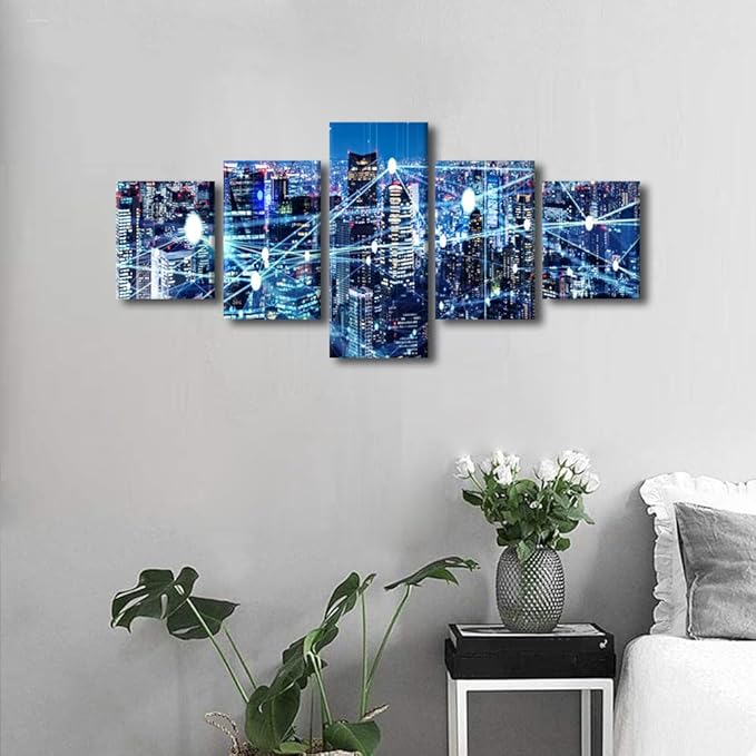 Wall Art Particle Glowing Light Picture 5 Panel Smart City Poster Native Americans Lliving Room Bedroom Decoration Internet Companies Canvas Art Decor Frame and Stretched Ready to Hang 50x24 Inch