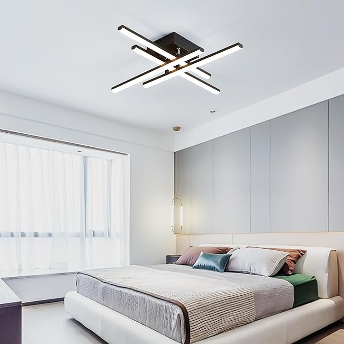 Modern LED Ceiling Light with Remote, Dimmable 24in Ceiling Lights for Bedroom Living Dining Room Kitchen, Black Flush Mount Ceiling Light Fixture LED Chandelier Ceiling Lamp (4-Light, 2000lm)