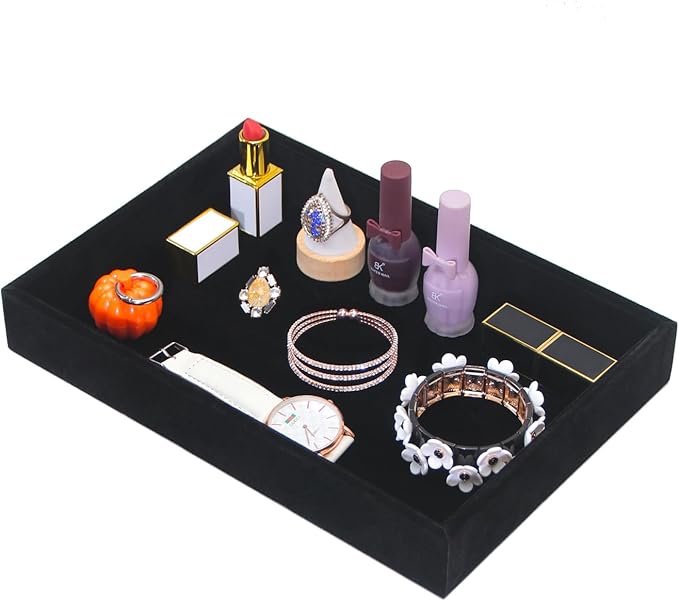 Bedside Organizer Tray, Desktop Storage Tray for Jewelry, Sunglass, Phone, Watch, Perfume,Lipstick, Nightstand Desk-top Catchall, Multi-use Holder Box for Desk Drawer (Black 1Grid)