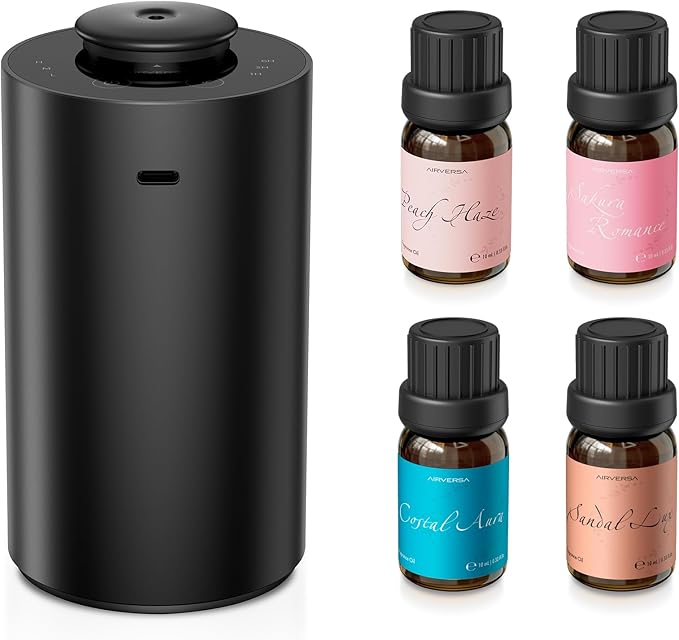 Airversa Waterless Essential Oil Diffuser Starter Kit with 4 x 10mL Fragrance Scent Oil, Battery Operated Mini Scent Air Machine Portable Diffuser for Home Car Office, ANX Black Kit-A