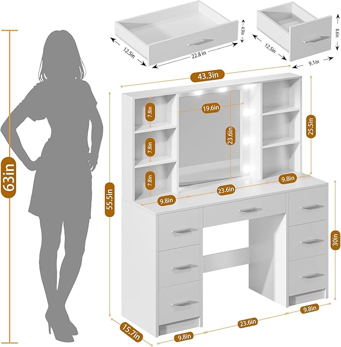 Vanity Desk with Mirror and LED Lights, Large Vanity with 7 Drawers and 6 Shelves, Makeup Vanity Dressing Table with Charging Station for Girls, Women (White)