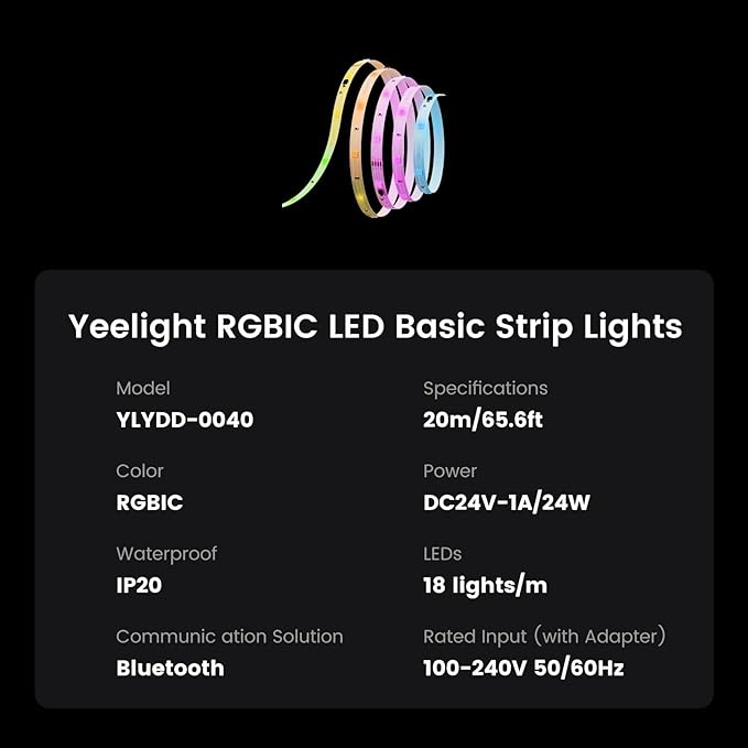 YEELIGHT LED Strip Lights, 66FT Smart Light Strips with 360 LEDs & Music Sync, RGB Color Changing Light with Bluetooth Connected and APP Control, Lights for Bedroom, Home Room Decor, Party, 2x33FT