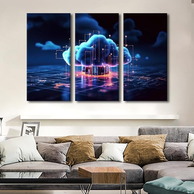 TUMOVO 3 Panel Large Wall Art Crypto, AI, Firewall Network Security, Artificial Intelligence, Cyber Security, Cloud Managed, Circuit Board Picture Poster for Home Wall Decorations, 60" Wx40 H