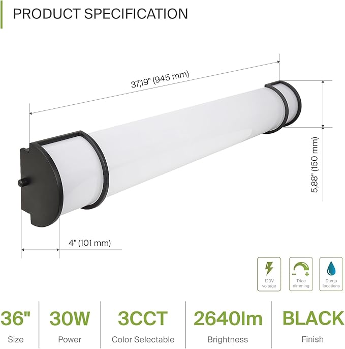 ASD LED 36" Vanity Flush Mount Light Fixture, Linear Bathroom Lighting Bar | 3CCT, Dimmable, Energy Star, ETL Listed | 30W 2650LM 3000-5000K 120V | Long Bath Wall Sconce Over Mirror | Black, 4 Pack