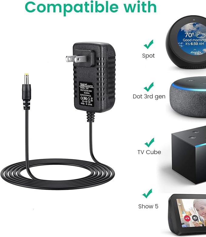 15W Power Cord Replacement for Alexa Echo Dot 3rd / 4th Gen, Echo Show 5 1st / 2nd Gen, Dot with Clock, Fire TV Cube, DC Charger Adapter with 5ft Cable