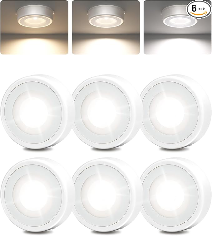 EZVALO LED Puck Lights, Rechargeable Sitck On Tap Lights, Wireless Closet Light, 3 Color Temps, Under Cabinet Lights, 2.5'' Mini Touch Light, Ideal for Kitchen,Closet,Pantry,Shelves,Camper(6 Pack)