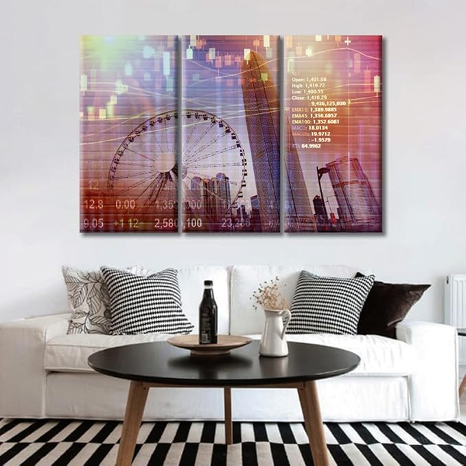 TUMOVO Smart City Pictures Home Decor Art Prints Stock Market on Display Urban Background Artwork Living Room Wall Decor 3 Panel Modern Home Decor Print on Canvas Framed Ready to Hang (36" Wx24 H)
