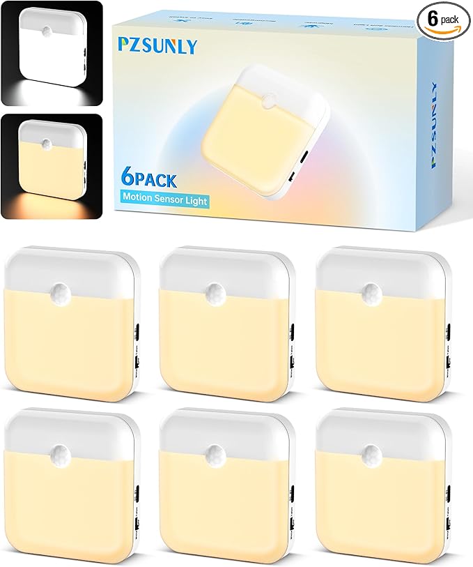 Night Light for Kids,LED Rechargeable,Cabinet Lights Closet Lights,Indoor Motion Sensor Night Lights,Magnetic Hallway Light for Baby Bedroom Kitchen Stairs 6 Pack (Warm and White Light)