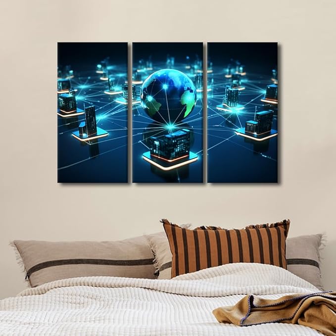 Framed Wall Art 3 Panel Centralized Network Architecture Wall Paintings for Living Room Bedroom Wall Decoration, Concepts Artwork Wooden Framed Gallery-Wrapped Ready to Hang, 42" Wx28 H