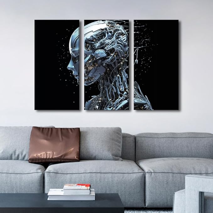 Modern Wall Art 3 Panel Concept Wall Art Female Robot Face Pictures Print On Canvas Wall Decor for Living Room, Wooden Framed Gallery-Wrapped Ready to Hang, 42" Wx28 H