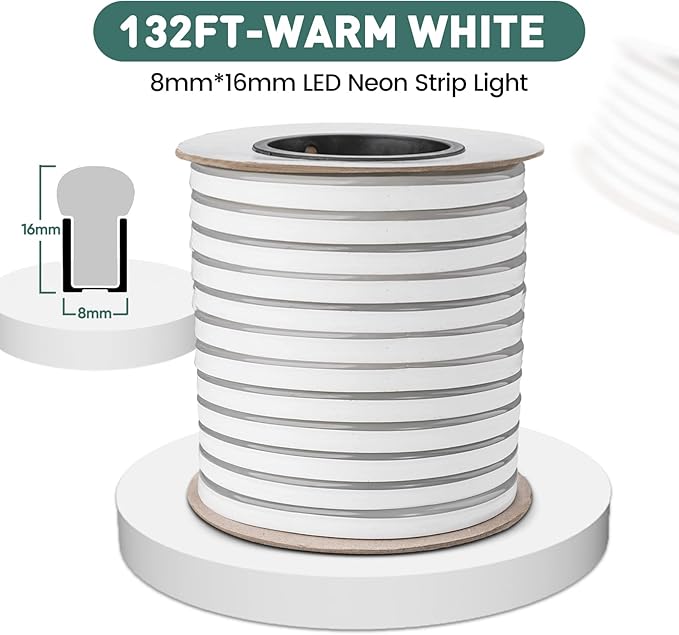 GZBtech Flexible LED Neon Rope Lights 132FT,AC 110-120V Waterproof Strip Light, 2800K Cuttable Connectable Neon Lighting for Indoor Outdoor Home Decor/Commercial Use-Warm White 40M, ETL Listed