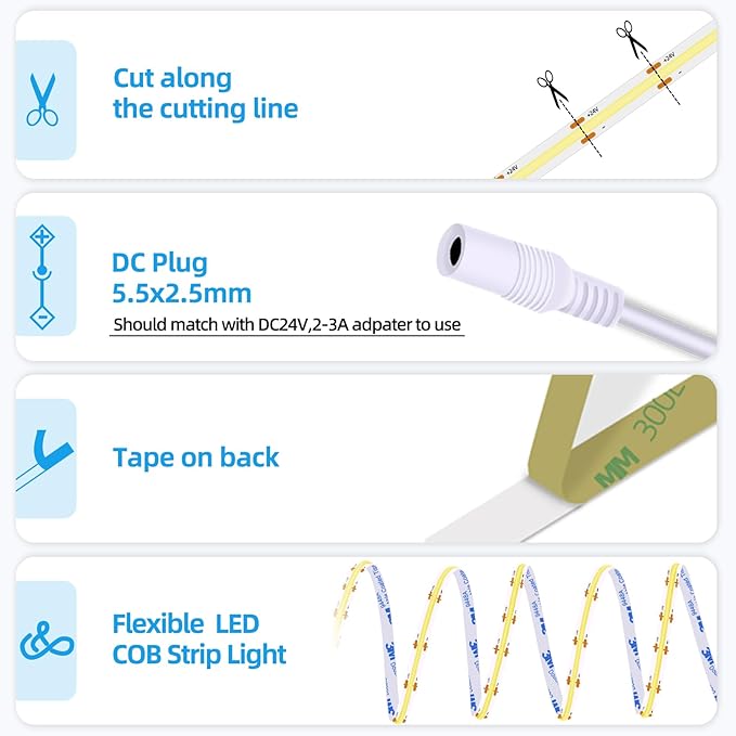 LED Strip Lights 24V COB LED Daylight White 6000K Super Bright LED16.4ft Dotless High Density 14W/m, 8mm Width Cuttable Flexible for Home DIY White Commercial Lighting Projects (No Power Supply)