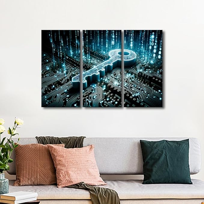 TUMOVO Security Concept Pictures Print 3 Panel Key on Circuit Board Background with Binary Code Pictures Print on Canvas for Living Room Bedroom Wall Decoration, Ready to Hang, 36" Wx24 H