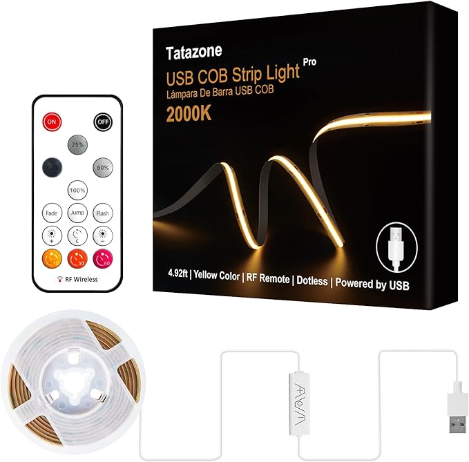 5V Yellow USB COB Led Strip Light with RF Remote, 4.92ft 2000K Dimmable USB Powered Amber COB Led Light Strip, Indoor COB Led Light for Cabinet, TV, Camping, Monitor, Showcase, Motorhome