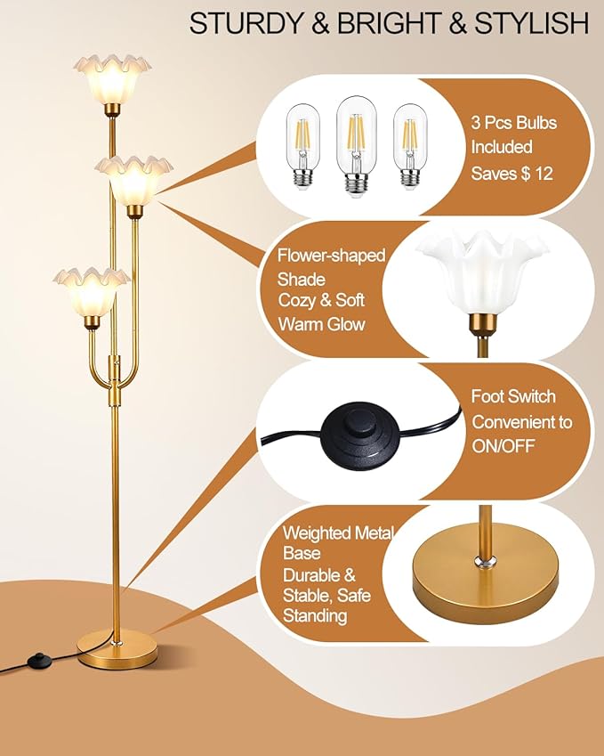 Lightdot 66IN Flower Floor Lamp 3-Lights Vintage Floor Lamps with 3000K Warm White Bulbs for Wedding Party Modern Tall Standing Lamp for Living Room/Bedroom/Sofa Beside/Corner Decor