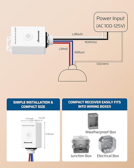 DEWENWILS Wireless Dimmer Switch Kit, Single Pole Outdoor Wireless Light Switch and Receiver Kit, No Wiring, No WiFi, 100FT Remote Control Switches for Outdoor Lighting
