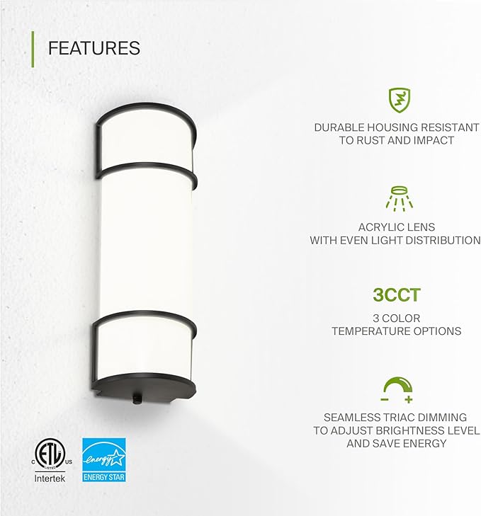 ASD LED 18" Vanity Flush Mount Light Fixture, Linear Bathroom Lighting Bar | 3CCT, Dimmable, Energy Star, ETL Listed | 20W 1650LM 3000-5000K 120V | Long Bath Wall Sconce Over Mirror | Black, 4 Pack