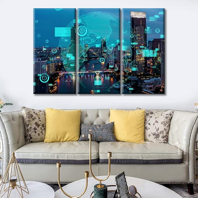 TUMOVO 3 Piece Smart City and Information Technology Abstract Canvas Paintings Artificial Intelligence Versus Big Data Pictures for Bedroom, Bathroom, Office. Ready to Hang (36" Wx24 H)