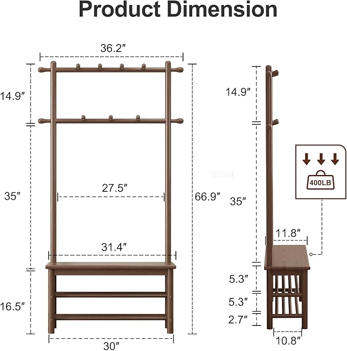 AQIMUELE Coat Rack with Shoe Storage, Wooden Hall Tree with Bench, 11 Hooks and 2-Tier Storage Shelves, 3-in-1, Entryway Bench with Coat Rack (31.5"-Walnut)