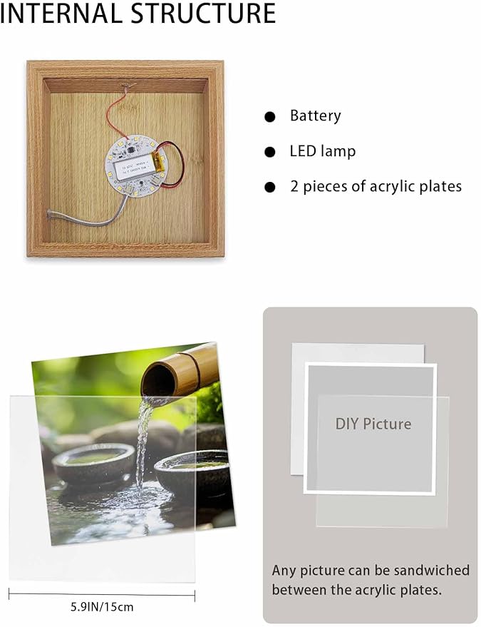 Wood Night Light Box 6.5x6.5in,Zen Meditation Lake Water Table Lights Wooden Picture Frame with USB Rechargeable Touch LED Lights for Home Decor Desktop Display,Natural Landscape
