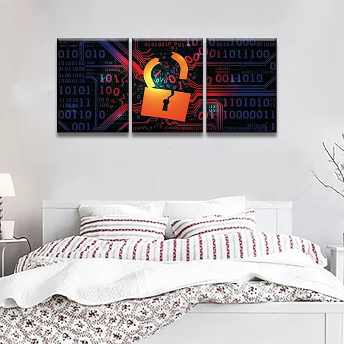 Framed Wall Art 3 Panels Hacking Firewall Hacked with Binary Code Pictures Print On Canvas for Living Room Bedroom Wall Decoration, Stretched Framed Ready to Hang, 12x16inchx3