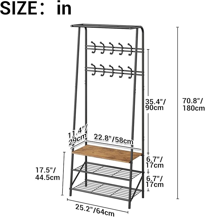 Coat Rack Hall Tree with Shoe Storage Bench, 4-in-1 Entryway Bench with 6 Hooks & 3-Tier Shoe Rack, Metal Frame for Entryways, Freestanding Coat Racks Storage for Entryway, Hallway, Front Door