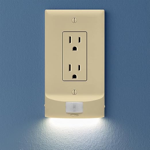 SnapPower 4 Pack MotionLight [for Décor Outlets] - Motion Detecting LED Night Lights Built-in to Wall Plate - Bright/Dim/Off Options - Auto On/Off Sensor - (Décor, Ivory)
