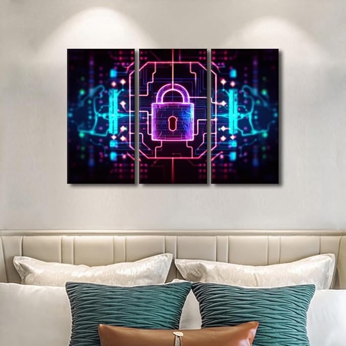 TUMOVO 3 Panels Canvas Print Art Set Padlock on Technological Circuit Background with Neon Lights, Cyber Security Concept Artwork for Home Office Hotel Decoration, Ready to Hang, 36" Wx24 H