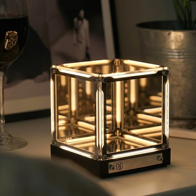 4D Mirror Cube Lamp, Touch Control Bedside Lamp with Dimmable LED, Rechargeable USB-C Night Light for Bedroom, Desk, Gaming Setup (2000mAh) (Gold)
