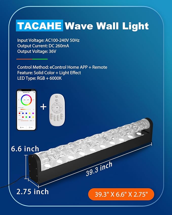 TACAHE RGBW Dynamic Wave Wall Light - Flowing Water, Aurora Visual - Color Changing Wall Washer Lamp with Remote & APP - Ambient Light for Living Room, Gaming Set - 39.3" - 12W - 1 Pack