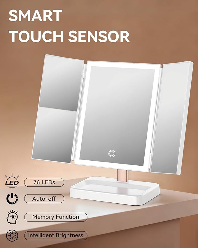 Vanity Mirror with Lights, Makeup Mirror 1X, 2X, 3X Magnification, Trifold 9" L x 14" W, Large Vanity Desk Mirror，Valentine‘s Gift for Wife, Mom, Her - Gift for Girlfriend, Women & Teens