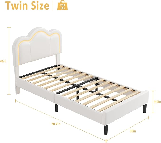 GarveeHome Twin Upholstered LED Bed Frame with Headboard, PU Leather Princess Platform Bed Frame for Kids, Wooden Slats Support, No Box Spring Needed (Cream)