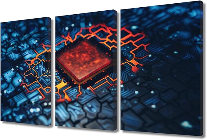 3 Pieces Canvas Wall Art Motherboard Digital Chip Wall Decor for Living Room Computer Processors CPU Artwork Posters and Prints Giclee Modern Decor Framed Gallery-Wrapped Ready to Hang(24" Wx36 H)