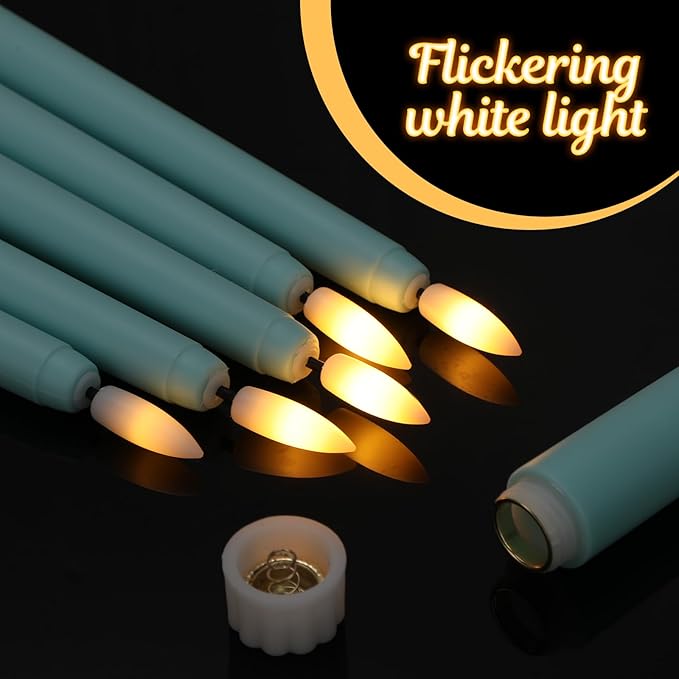 Macarrie 24 Packs Flameless Taper Candles Battery Operated Fake 11 Inch Long Candlelight LED Flameless Candlesticks Flickering Tapered for Spring Summer Wedding(Teal)
