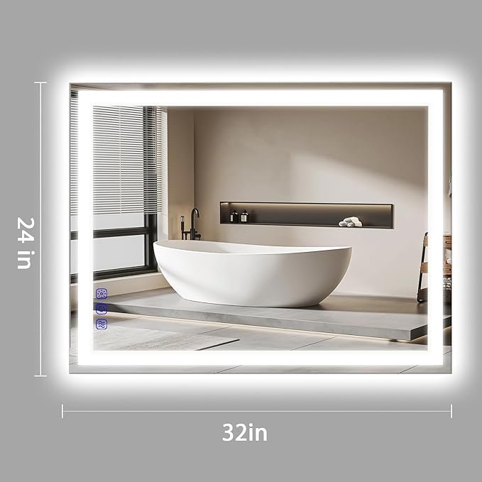 32x24 LED Bathroom Mirror with Lights LED Mirror for Bathroom Makeup Vanity Smart Mirror Lighted Front & Backlit,Stepless Dimmable Adjustable Brightness,Touch Switch,Shatterproof,Anti-Fog