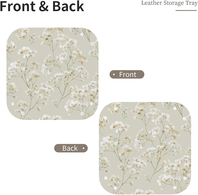 Tiny White Flowers Clusters Minimal Leaves Valet Tray Leather Portable Tray Desktop Storage Organizer Bedside for Men Women Jewelry Keys Coin Candy Sundries
