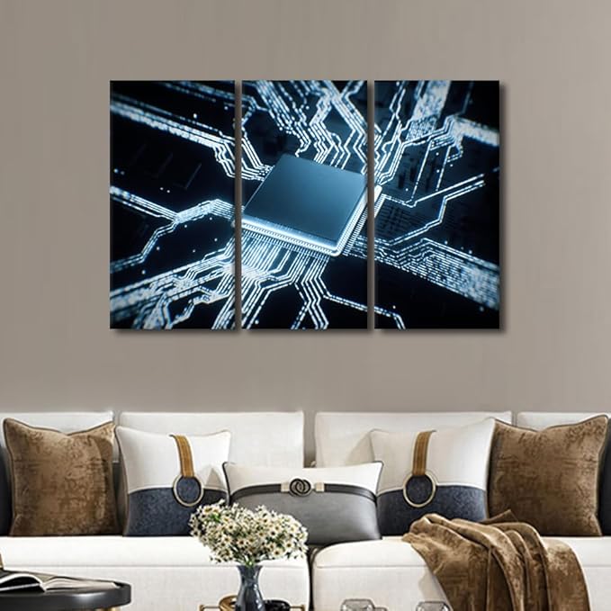 TUMOVO 3 Pieces Wall Art Home Decor Semiconductor Chip Canvas Print Circuit Boards Paintings Chip Pictures Prints on Canvas Stretched and Framed Ready to Hang Posters and Prints, 42" Wx28 H