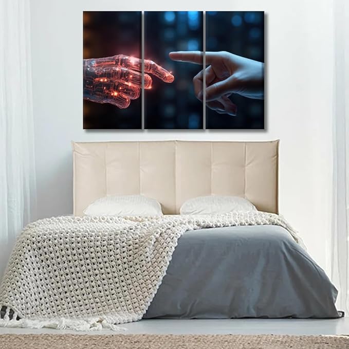 LSIUHWUWI Modern Wall Art 3 Panel The Human Finger touches the Robot's Finger Pictures Print on Canvas for Wall Art Decoration, Wooden Frame Artwork Ready to Hang 20x40inchx3