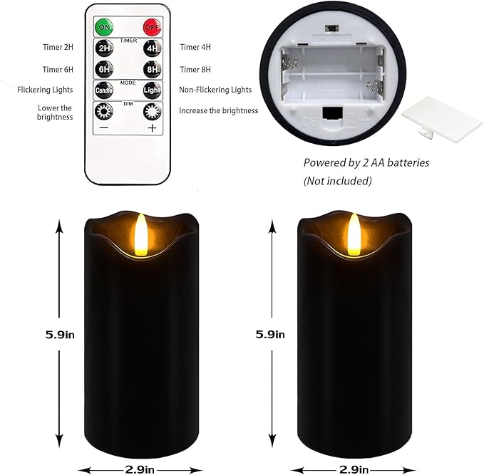 Black Flameless Candles, Set of 2 6"x3" Flickering LED Candles with Remote & Timer, Dimmable Real Wax Electric Pillar Candles Battery Operated, Flameless Candles Light for Home Halloween Decor (Black)