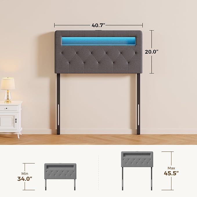 GREENSTELL Headboard for Twin Size Bed with 60,000 DIY Color of LED Light, USB & Type C Post, Upholstered, Height Adjustable, Sturdy, Easy Assembly, Wall Mounted Head Boards Only, Gray