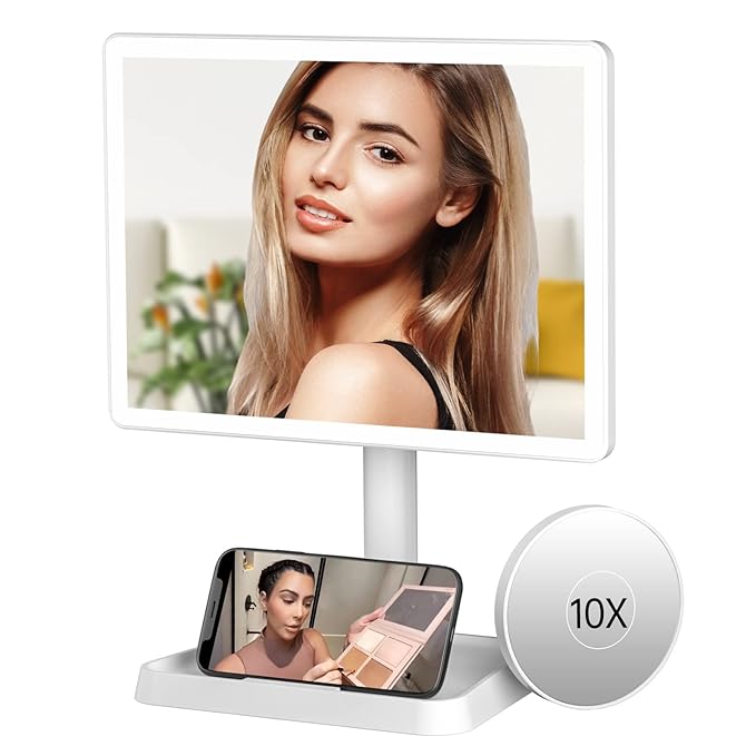 FUNTOUCH Large Makeup Vanity Mirror with Lights, Rechargeable Lighted Desk Makeup Mirror with 96 LED Lights and 10x Magnifying Mirror, 3 Color Lighting, Light up Make up Mirror with Phone Holder