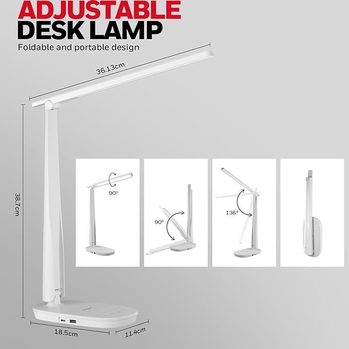 Honeywell HWT-H2 LED Desk Lamp, CRI94 Full Spectrum Eye-Caring Table Light, Foldable Dimmable 4 Color Modes with USB A+C Charging Ports for Home Office Bedroom Reading Study Work (White)