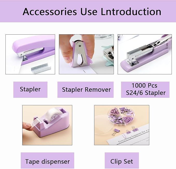 suniya Office Supplies,Desk Accessories,Tape Holder,Stapler,Scissor,Staple Remover,Box of Binder Clips,Staples,Ballpoint Pen,Lndex Tabs,Clear Tape,Office Supplies Set(Purple)