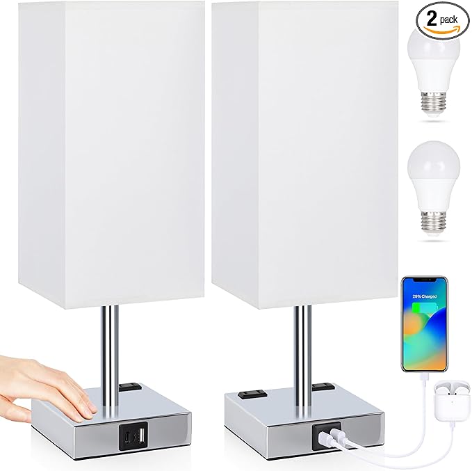 Soilsiu Set of 2 Bedside Table Lamp 3 Way Dimmable Nightstand Lamp with USB C & USB A Charging Port, 2 AC Outlets, 3000K LED Bulbs (White)